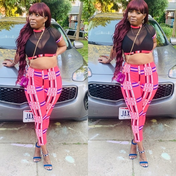 PINK/BLUE Short Sleeve Mesh CropTop & Leggings Set - Picture 3 of 8